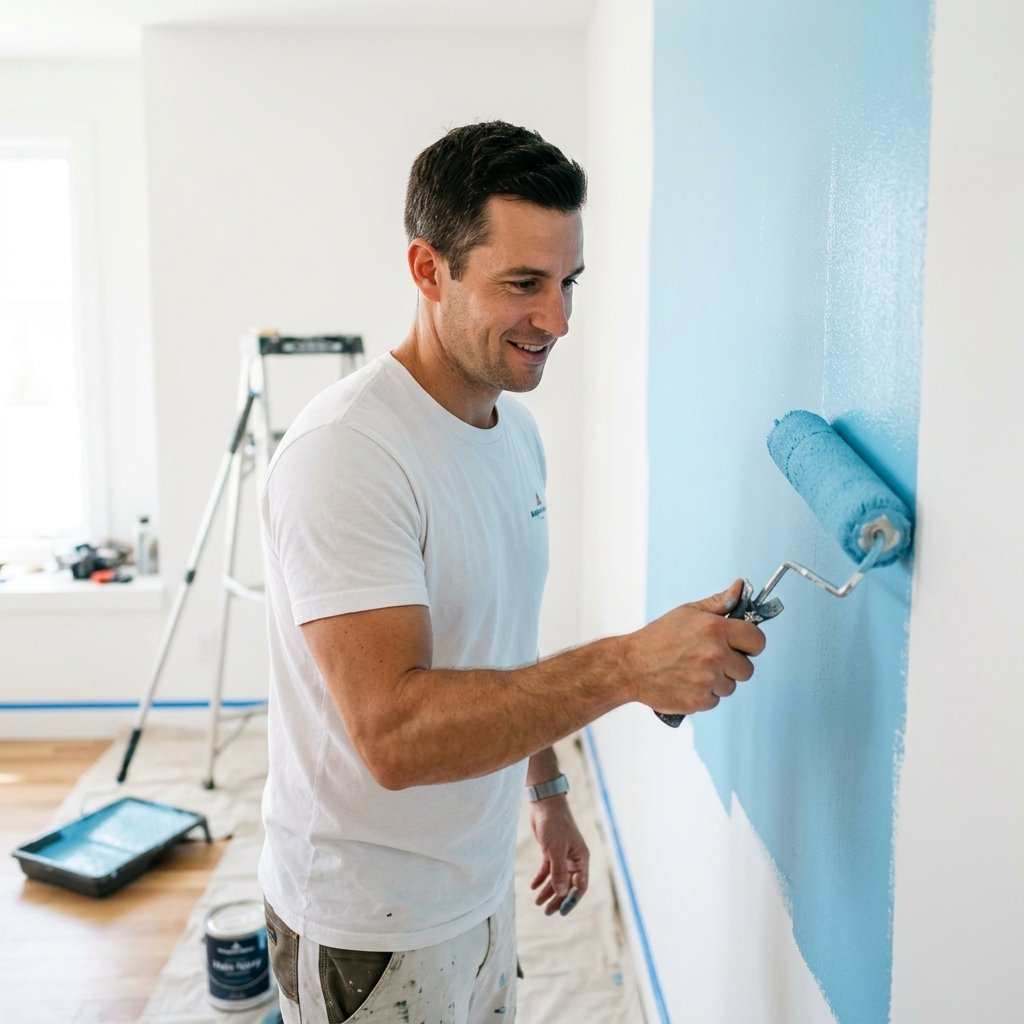Quality Pro professional painter painting wall blue