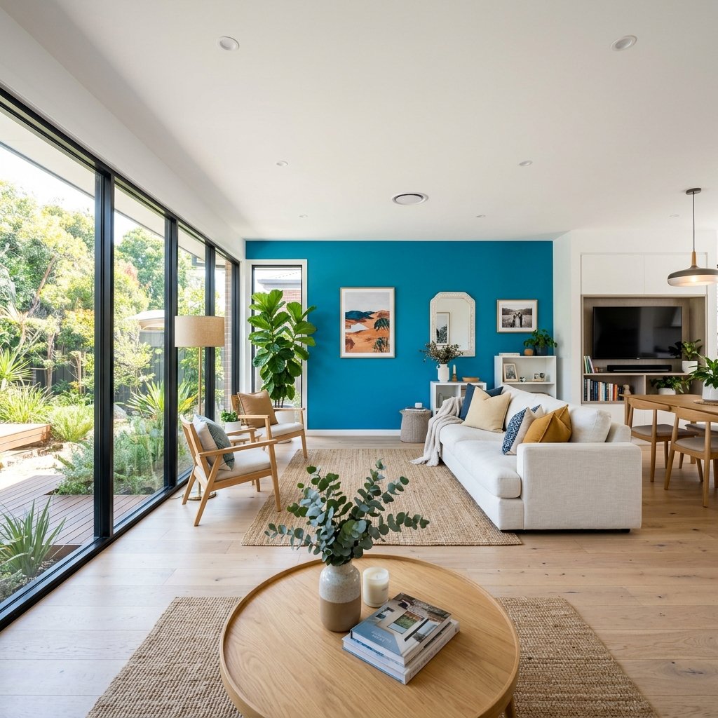 Blue feature wall living room painting project
